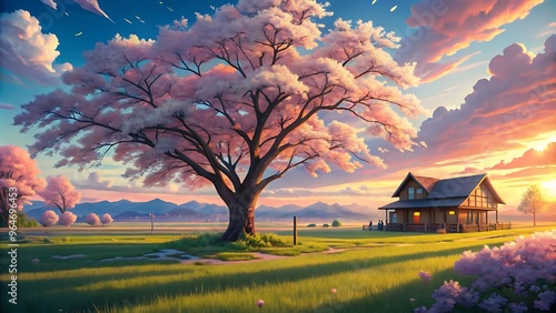 A serene countryside sunset with a house surrounded by trees, fields, and a vibrant sky. photo