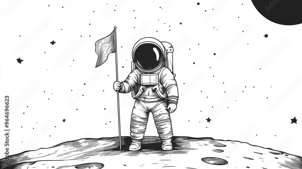 Astronaut Planting Flag on Moon Surface with Stars in Background Astronaut Planting Flag on Moon Surface with Stars in Background