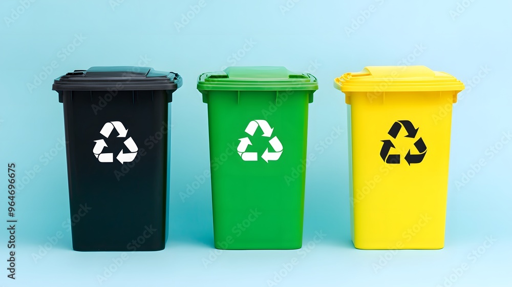Three Trash Cans with Representing Recycling. Depicts Waste Management and Sustainable Technology Concepts, Ideal for Environmental Projects, Recycling Campaigns, and Eco-Conscious Initiatives Three Trash Cans with Representing Recycling. Depicts Waste Management and Sustainable Technology Concepts, Ideal for Environmental Projects, Recycling Campaigns, and Eco-Conscious Initiatives