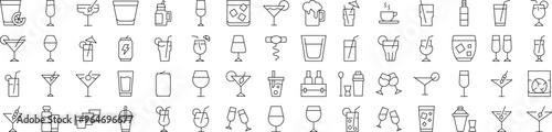 Coffee, Champaign, Wine, Cocktail, Soft Drink Simple Icon Collection. Editable Stroke. Perfect for Infographics, Articles, Books, Flyers, Banners