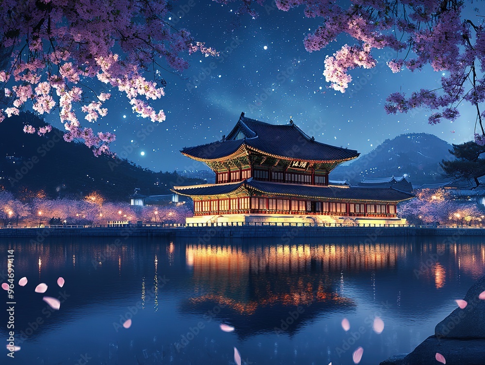Fototapeta premium Gyeongbokgung Palace at night, South Korea, San Andres & Providencia Islands Caribbean Colombia