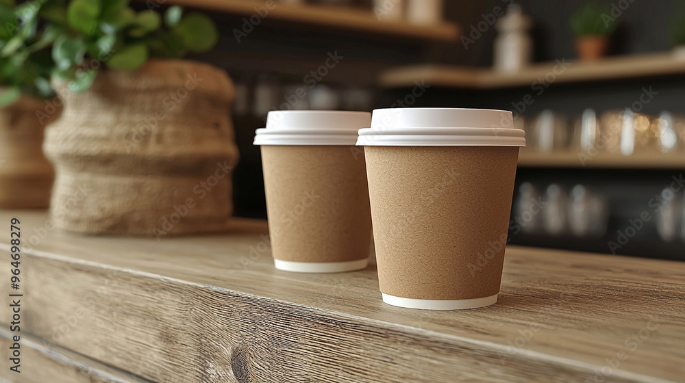 Two coffee cups on a wooden counter Two coffee cups on a wooden counter