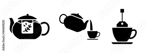 Icons of teapot with water, cup with tea bag, tea icon set