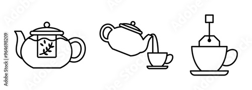 Icons of teapot with water, cup with tea bag, tea icon set