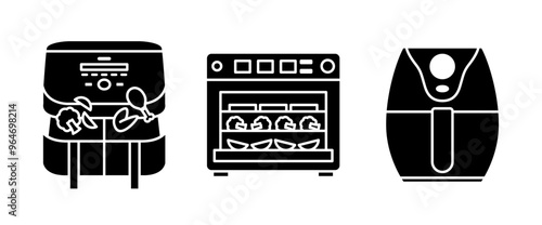 Air fryer black icon set