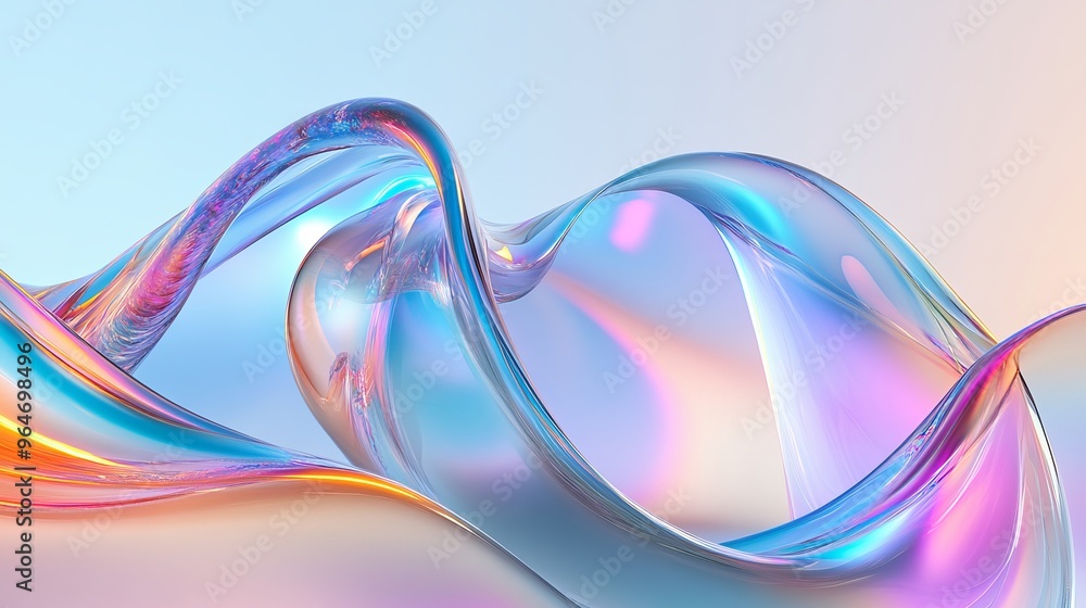 A 3D abstract representation of a transparent liquid glass ribbon wave, showcasing a fluid, rainbow-like shape with light dispersion and a holographic gradient texture A 3D abstract representation of a transparent liquid glass ribbon wave, showcasing a fluid, rainbow-like shape with light dispersion and a holographic gradient texture
