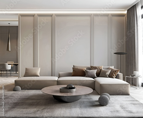 Aesthetic elegant modern iinterior design with classic elements. Clear mock up empty wall for decoration in the apartment. Copy space in the room with moldings. Neutral palette of natural colors photo