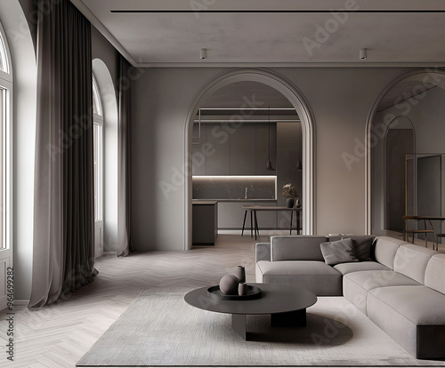 Aesthetic elegant modern iinterior design with classic elements. Clear mock up empty wall for decoration in the apartment. Copy space in the room with moldings. Neutral palette of natural colors photo