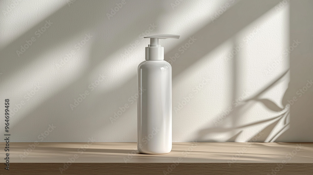 A white bottle of lotion sits on a wooden shelf A white bottle of lotion sits on a wooden shelf