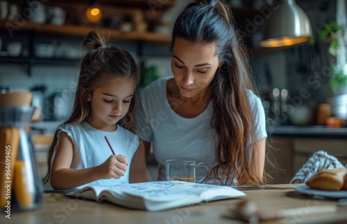 A young girl draws in a book, mother drinks coffee behind in the kitchen