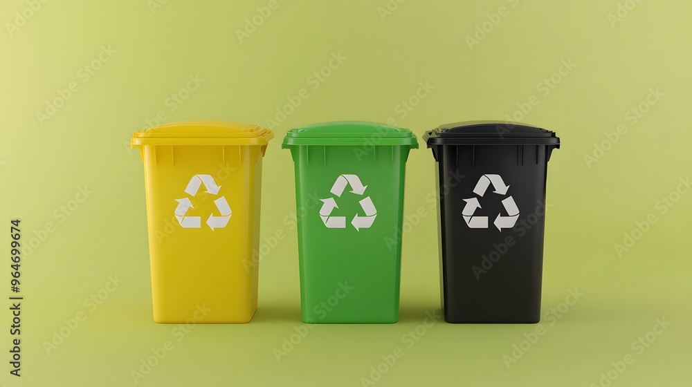 Three Trash Cans with Representing Recycling. Depicts Waste Management and Sustainable Technology Concepts, Ideal for Environmental Projects, Recycling Campaigns, and Eco-Conscious Initiatives Three Trash Cans with Representing Recycling. Depicts Waste Management and Sustainable Technology Concepts, Ideal for Environmental Projects, Recycling Campaigns, and Eco-Conscious Initiatives