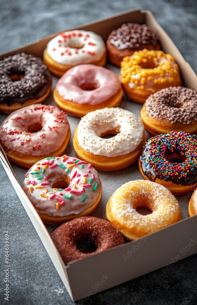 custom made wallpaper toronto digitalAssorted doughnuts in an open white box, placed on a grey background, fresh and delicious