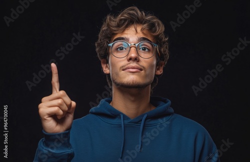 an excited young man in a blue sweatshirt and glasses, with his finger pointing up, on a dark background