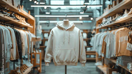 A white hoodie is hanging on a rack in a store