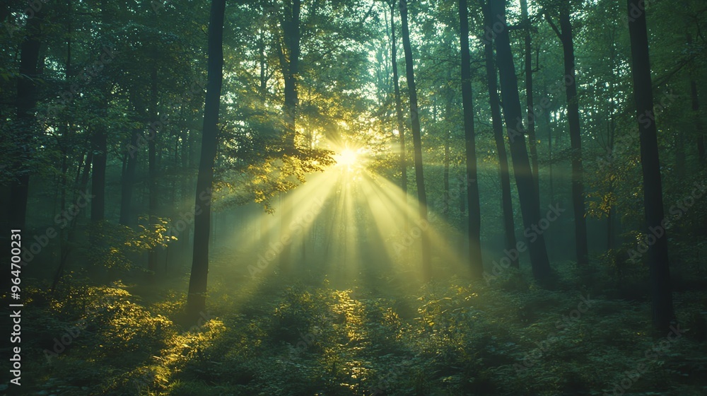 Fototapeta premium A tranquil forest scene with sunlight streaming through the trees, creating a serene and peaceful environment.