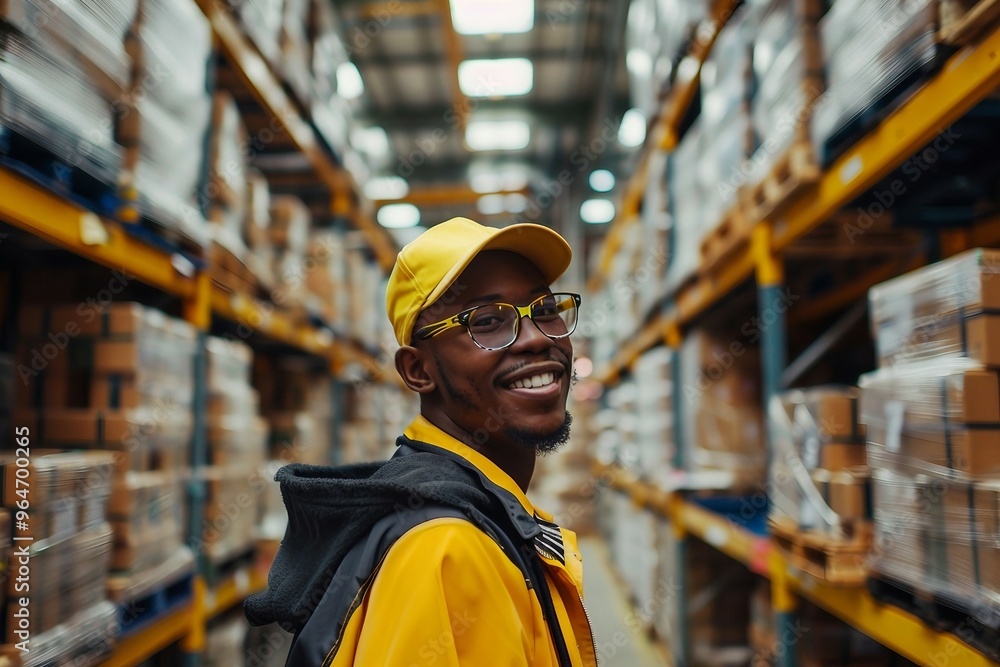 a man wearing a yellow hat and glasses in a warehouse a man wearing a yellow hat and glasses in a warehouse