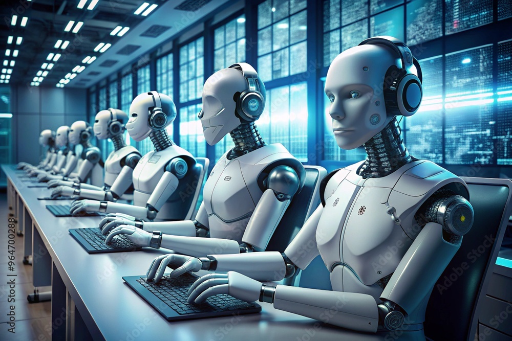 A group of robots are sitting at a desk with computer monitors in front of them A group of robots are sitting at a desk with computer monitors in front of them