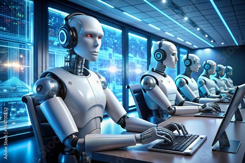 A group of robots are sitting at a desk with computer monitors in front of them