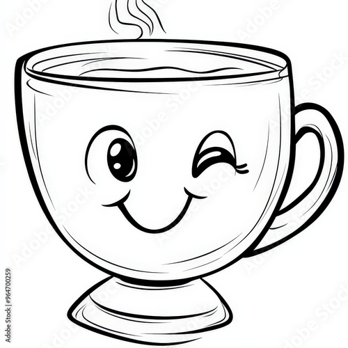 A cheerful, cartoon-style cup with a smiling face and steam, perfect for playful coffee or tea related designs. photo