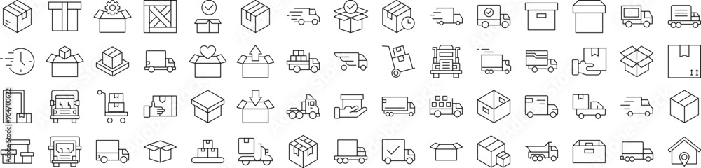 © RaulAlmu - Delivery Line Icon Bundle. Modern Collection for Design, Web Sites, Apps, Cards. Contains Linear Images of Boxes and Vans