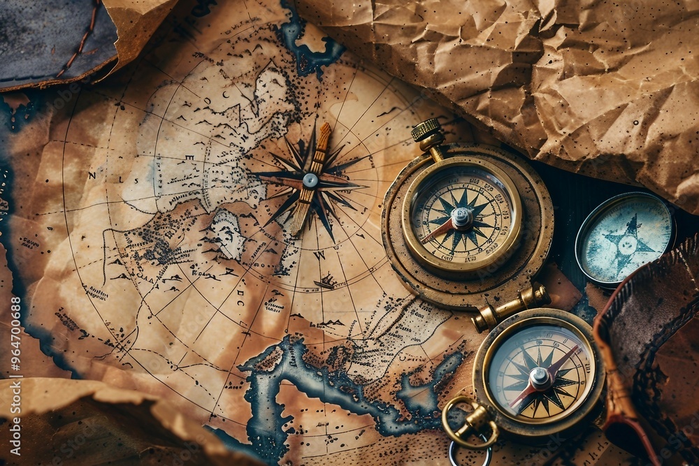 a map with a compass and other items on it a map with a compass and other items on it