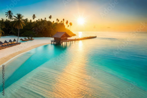 Tropical island beach. Palm trees destination landscape. Tranquil sea, vacation seascape, summer relax travel