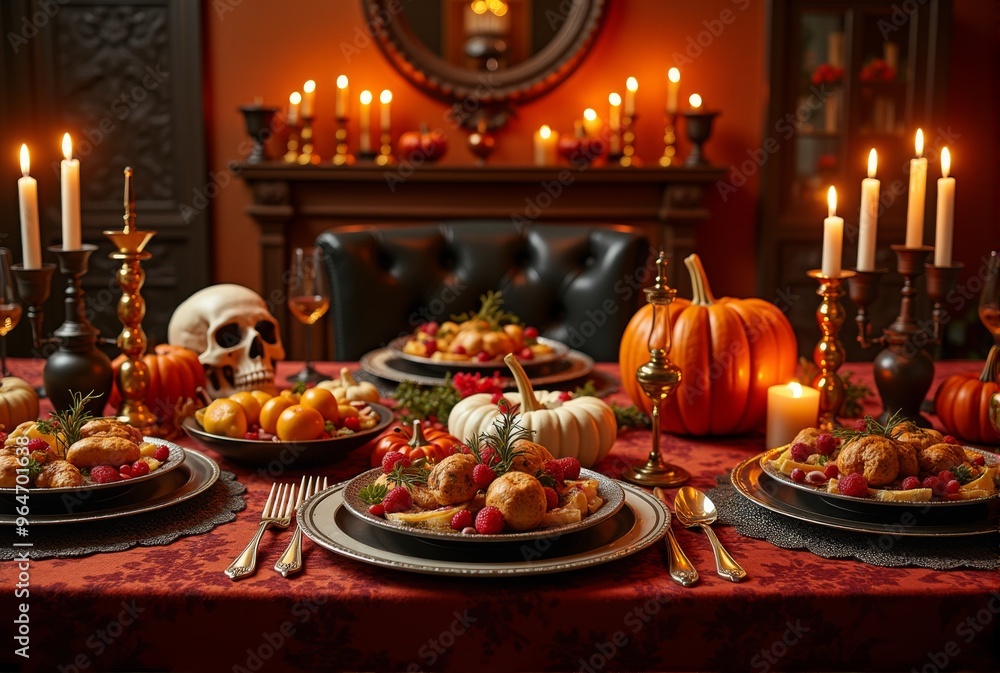Naklejka premium Fancy Halloween dinner dark set up. The table is decorated with burning candles, pumpkins, skull