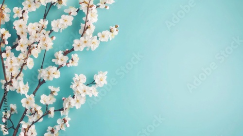 Delicate Cherry Blossom Branch on Turquoise Background