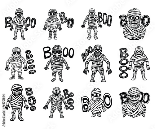 Set of Spooky Halloween Mummy Vector Illustration with 'Boo' Text on Transparent Background 