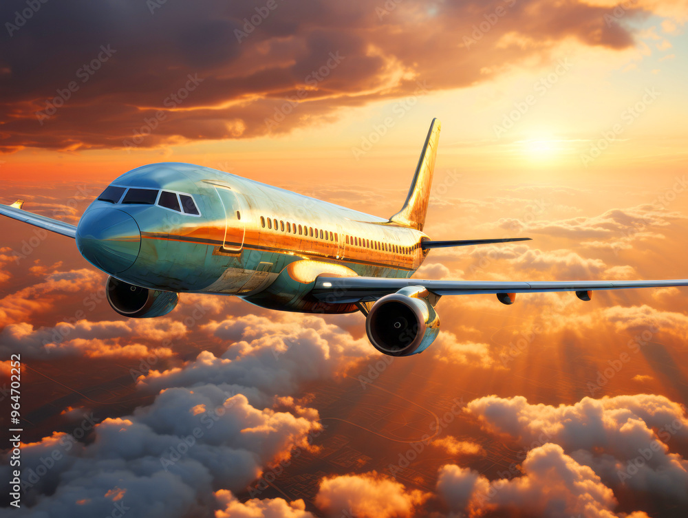 Obraz premium Passenger airplane flies in blue sky with dramatic sunset clouds. Concept of airline companies, travel, plane transportation, freedom of travelling