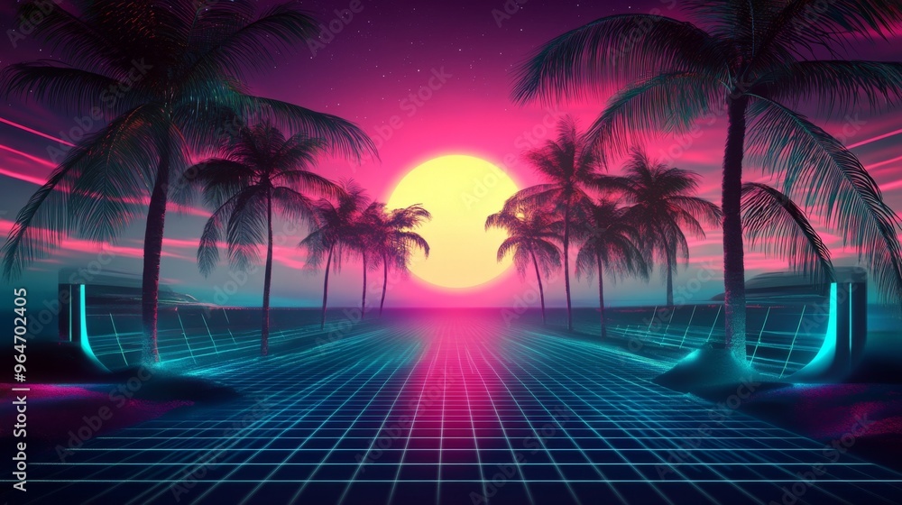 Naklejka premium Retro Sunset with Palm Trees