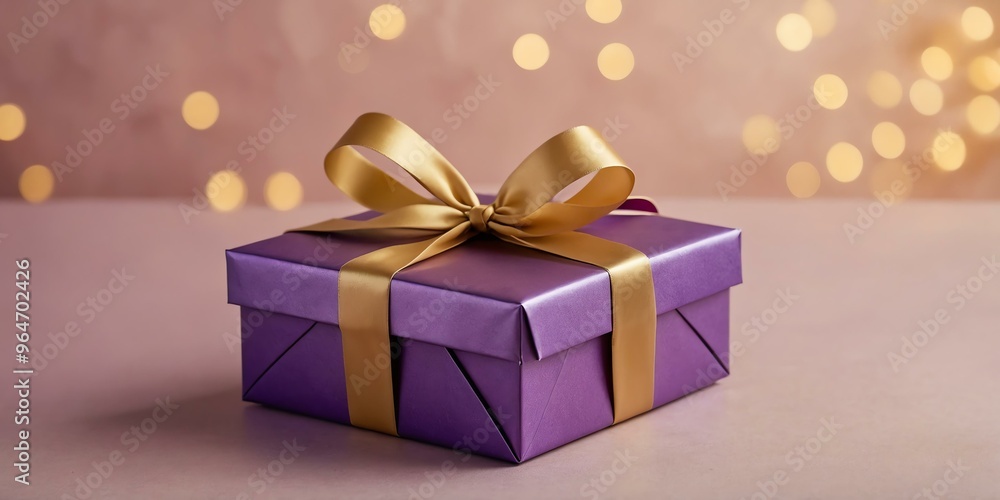 beautiful purple gift box on a pastel gold aesthetic background with space for text, concept for Birthday or Christmas or Valentines Day beautiful purple gift box on a pastel gold aesthetic background with space for text, concept for Birthday or Christmas or Valentines Day