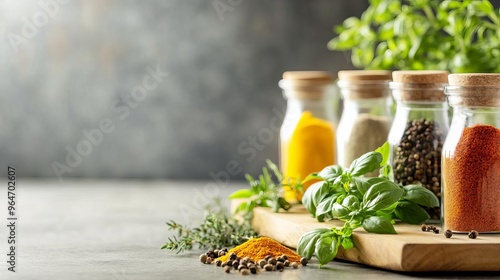 Aromatic herbs and spices in a rustic kitchen setting, emphasizing culinary wellness