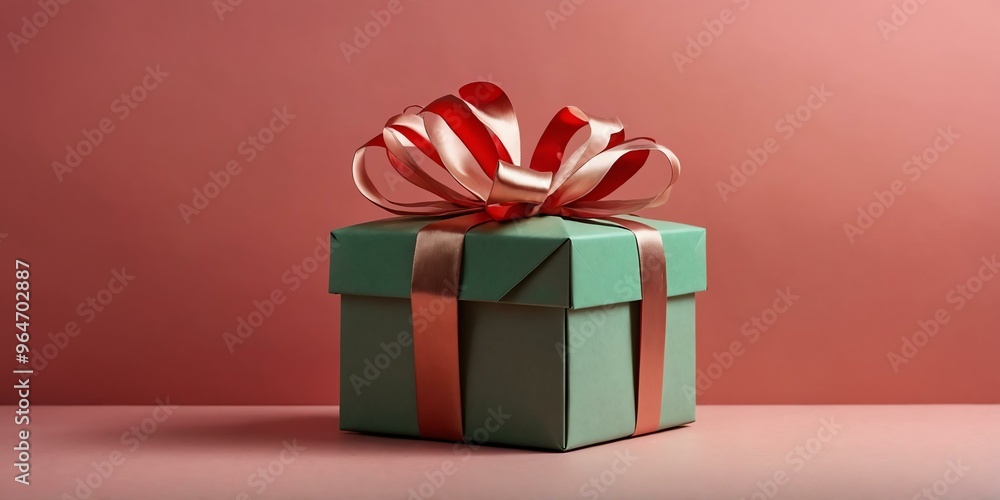 beautiful green gift box on a pastel red aesthetic background with space for text, concept for Birthday or Christmas or Valentines Day beautiful green gift box on a pastel red aesthetic background with space for text, concept for Birthday or Christmas or Valentines Day