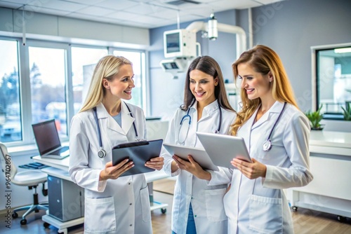 Two women in white lab coats are smiling and holding tablets