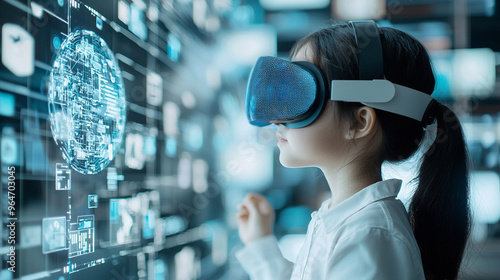 A young girl wearing a virtual reality headset is looking at a computer screen w