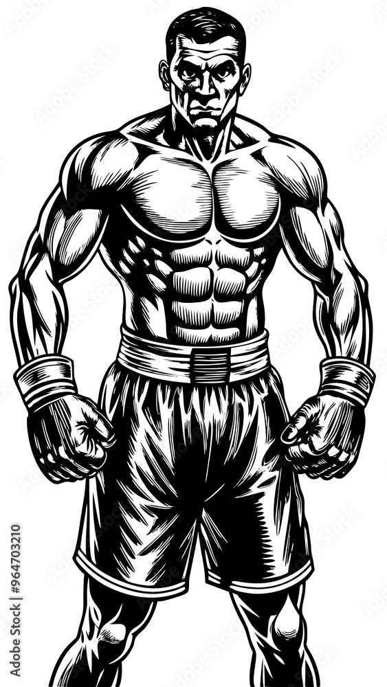 Boxer ready to fight on white background. Silhouette and outline art. Boxer ready to fight on white background. Silhouette and outline art.