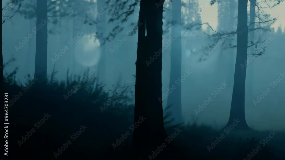 A haunted forest at dusk, with trees swaying and strange shapes moving between them, creating a mysterious and eerie atmosphere.