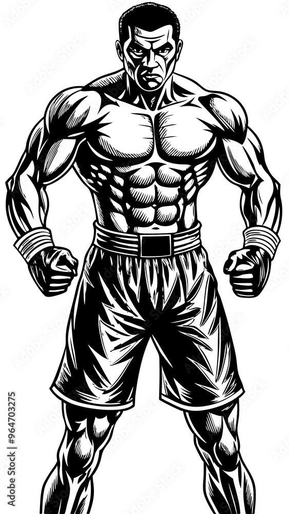 Fototapeta premium Boxer ready to fight on white background. Silhouette and outline art.