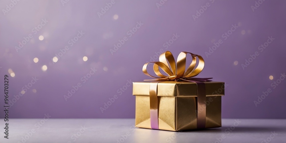 beautiful gold gift box on a pastel purple aesthetic background with space for text, concept for Birthday or Christmas or Valentines Day beautiful gold gift box on a pastel purple aesthetic background with space for text, concept for Birthday or Christmas or Valentines Day