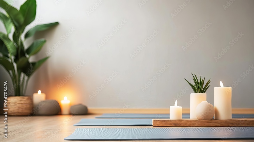 Calm yoga studio with soft lighting, mats, and soothing decor, promoting mindfulness Calm yoga studio with soft lighting, mats, and soothing decor, promoting mindfulness