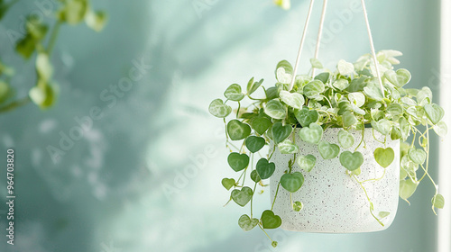 A white pot with a plant hanging from it