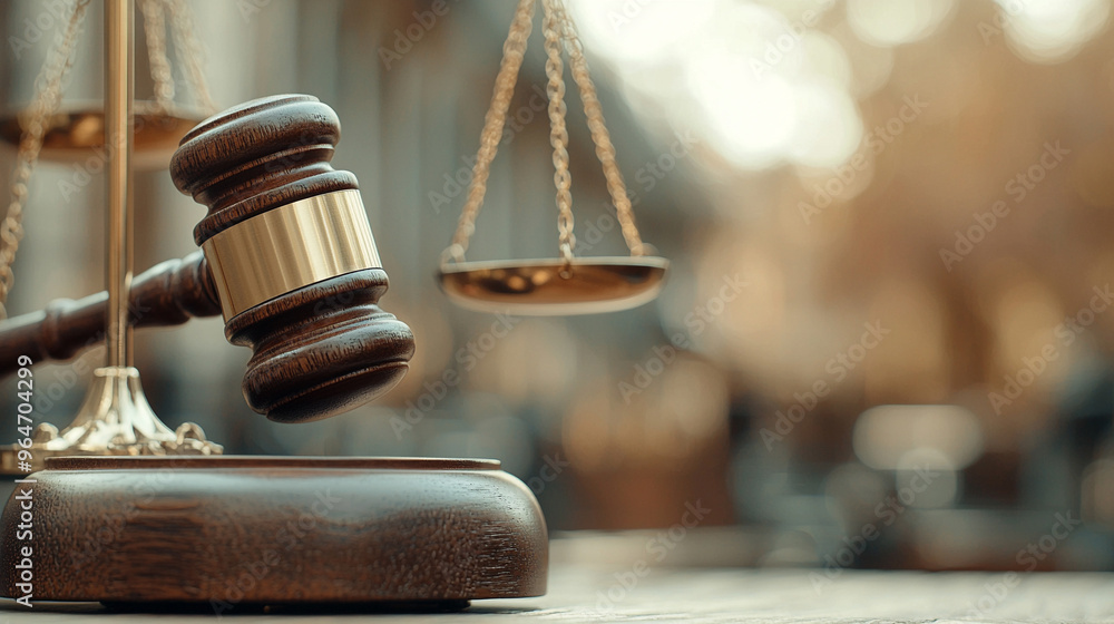 A judge's gavel sits on a wooden podium in front of two scales A judge's gavel sits on a wooden podium in front of two scales
