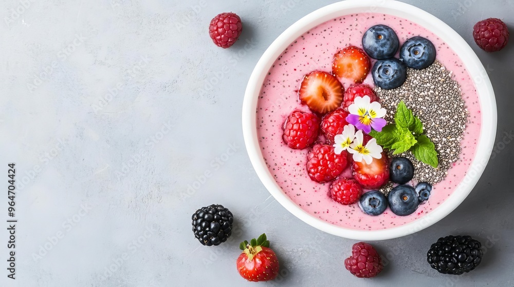 Creative overhead shot of a smoothie bowl with fresh berries, chia seeds, and edible flowers Creative overhead shot of a smoothie bowl with fresh berries, chia seeds, and edible flowers