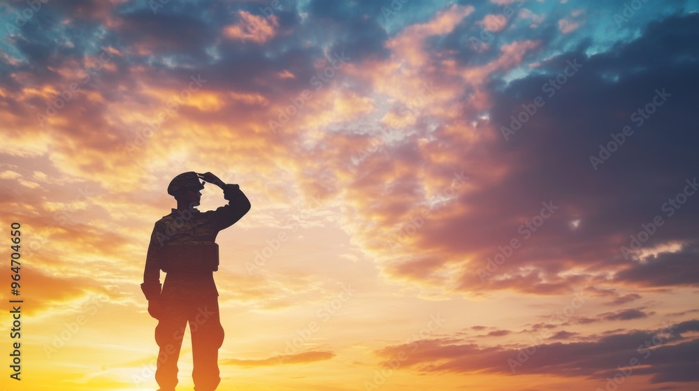 Fototapeta premium Saluting the Sunset: A Soldier's Tribute
