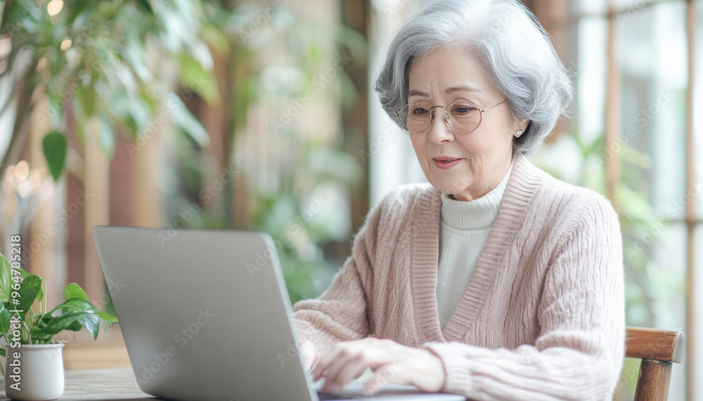 Senior woman using laptop at home for online shopping Senior woman using laptop at home for online shopping