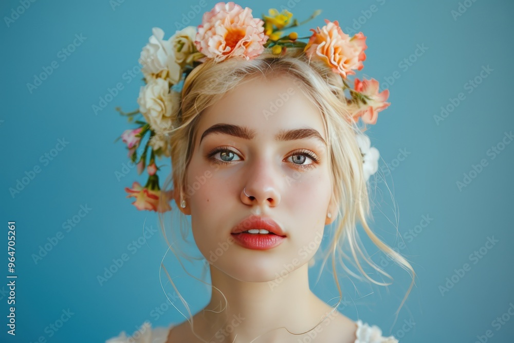 Fototapeta premium A woman with a flower headdress and a blue background, generative ai image