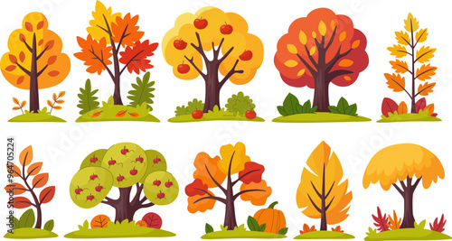 Autumn trees and bushes collection. Forest and park trees and plants on white background.