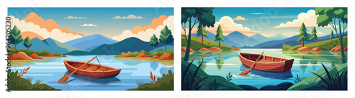 A wooden rowboat rests on a tranquil lake in a picturesque mountain landscape.