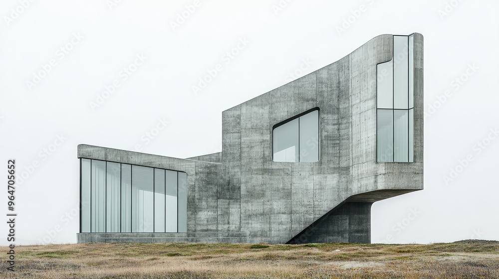 Fototapeta premium A building with an abstract, rocky profile made of concrete and glass.